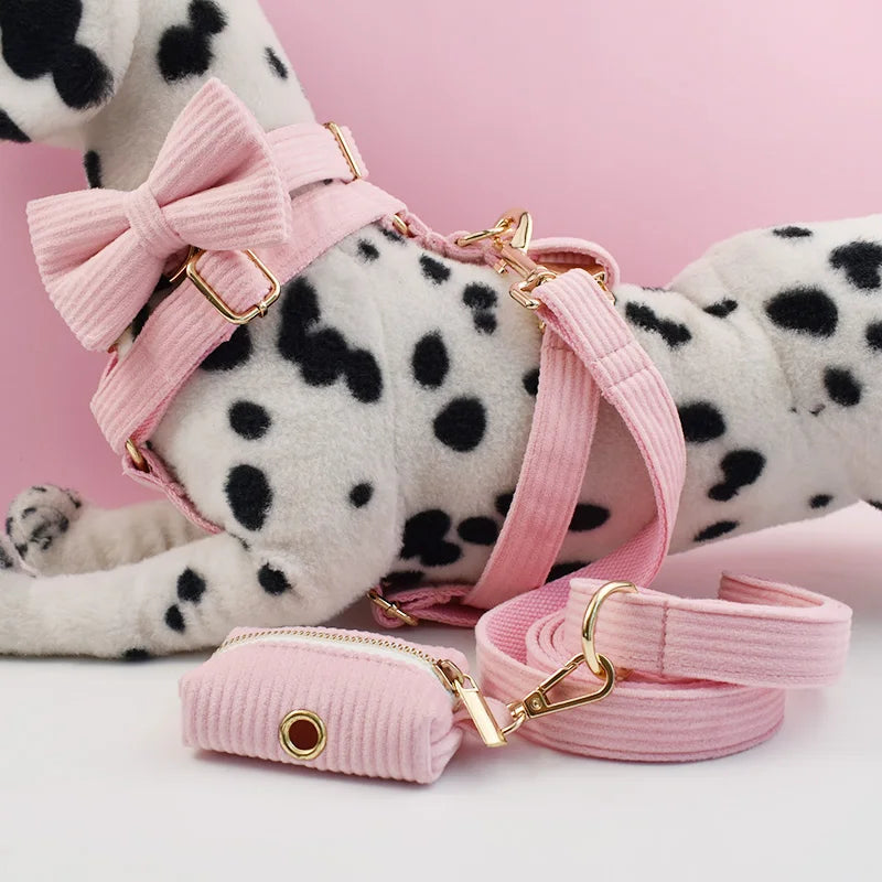 Pink Corduroy Pet Collar And Leash Set with Custom Engraved Nameplate