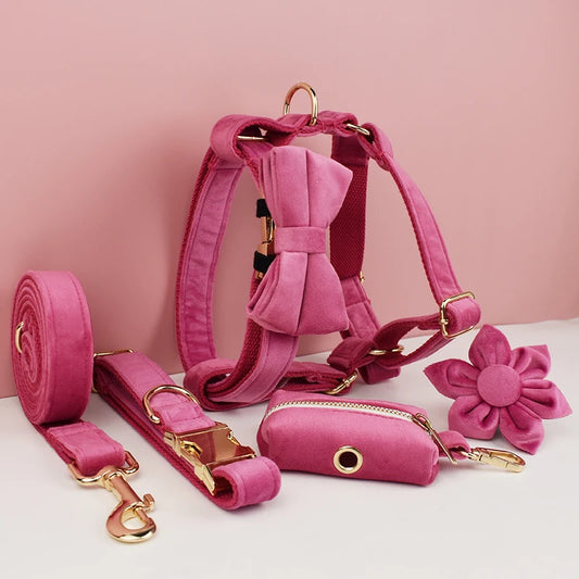 Rose Red Velvet Pet Collar And Leash Set