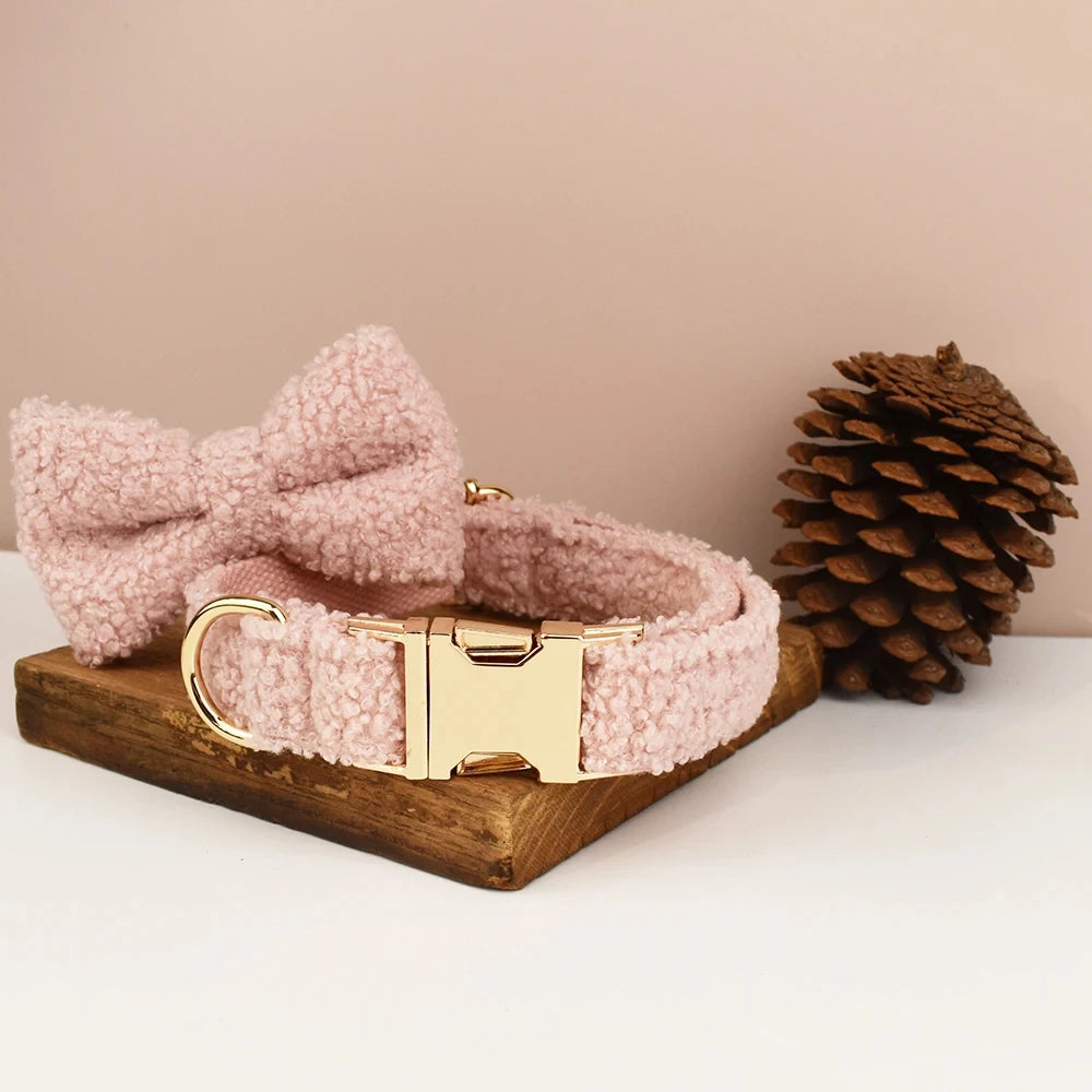 Baby Pink Plush Furry Winter Pet Harness Bowtie And Leash Sets