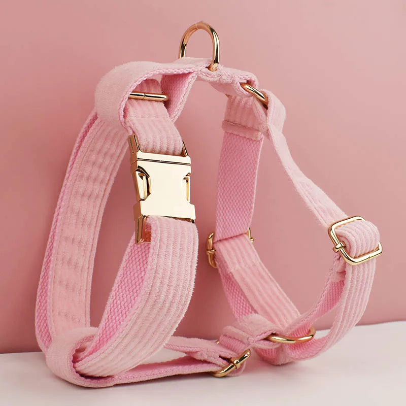 Pink Corduroy Pet Collar And Leash Set with Custom Engraved Nameplate