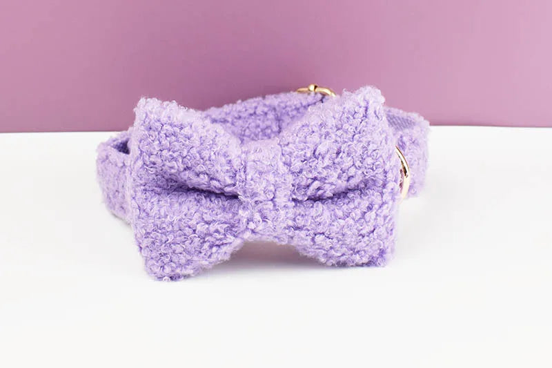 Purple Teddy Cotton Pet Collar And Leash Set with Engraved Nameplate