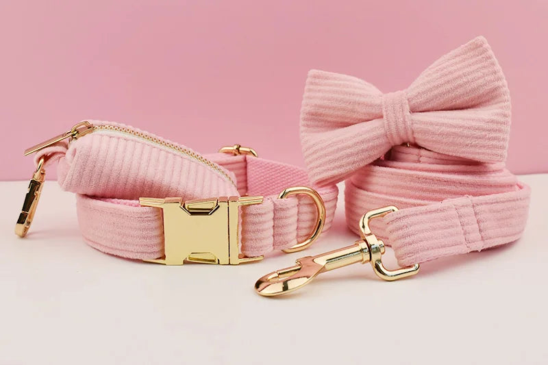 Pink Corduroy Pet Collar And Leash Set with Custom Engraved Nameplate