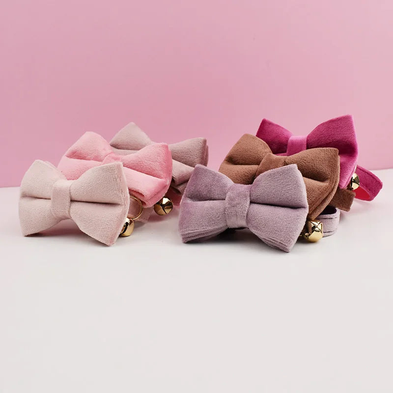 Velvet Cat Collar Bell & Bow Tie With Custom Engraving