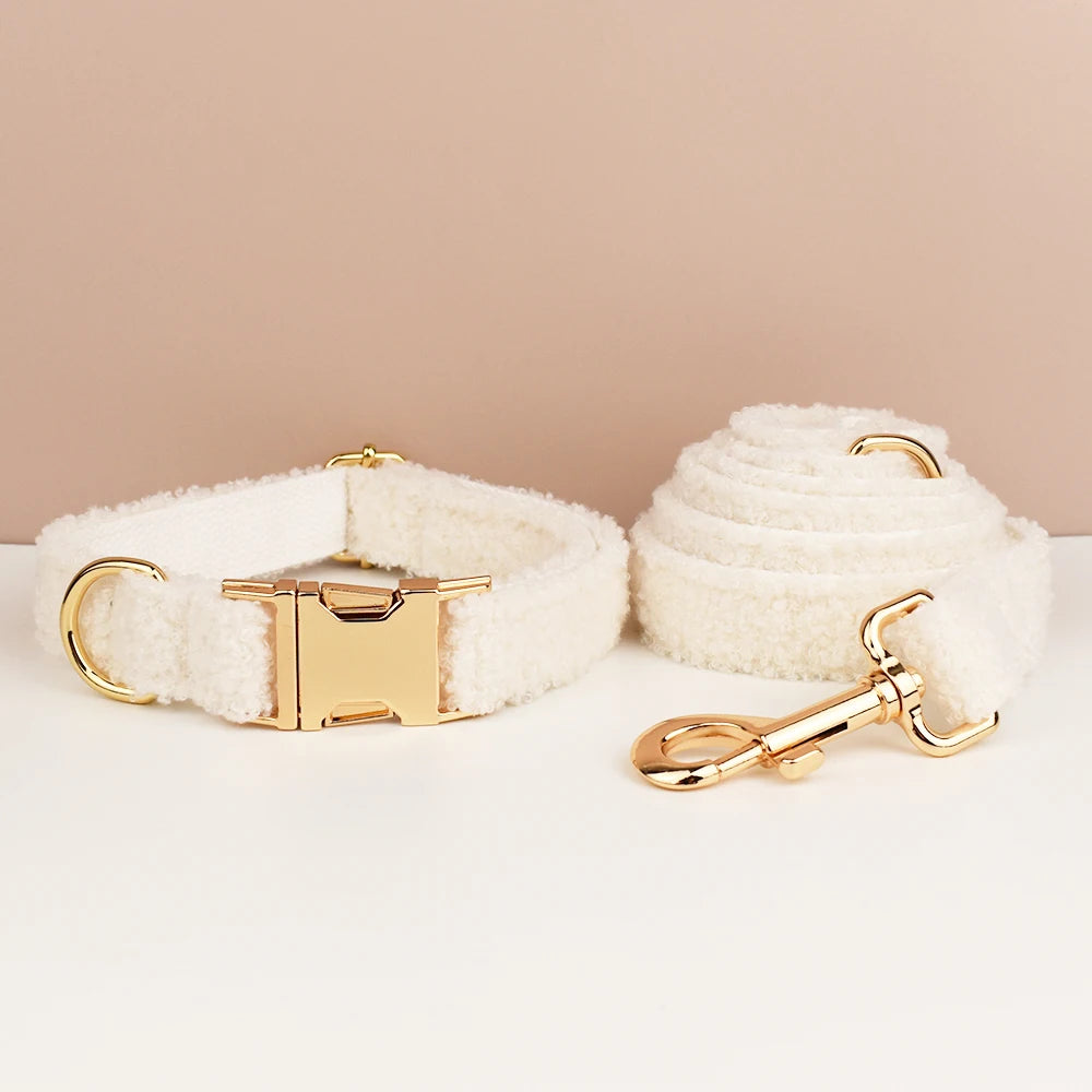 White Teddy Pet Collar & Harness Set With Custom Engraving
