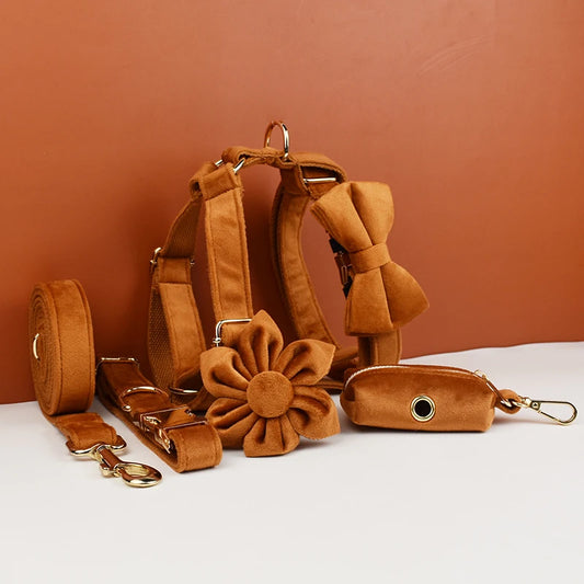 Tan Velvet Pet Collar And Leash Set - Custom Engraved Name