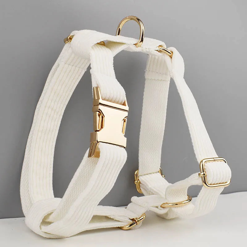 White Corduroy Pet Collar And Leash Set With Custom Engraved Nameplate