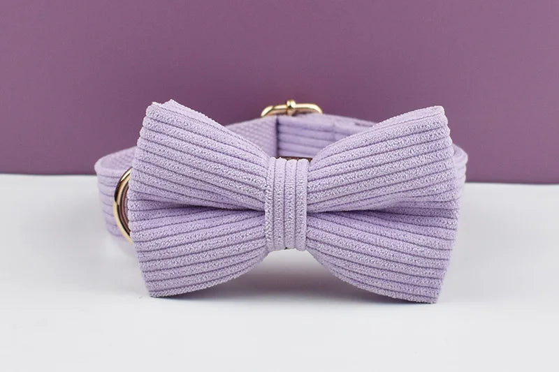 Purple Corduroy Pet Collar And Leash Set with Engraved Nameplate