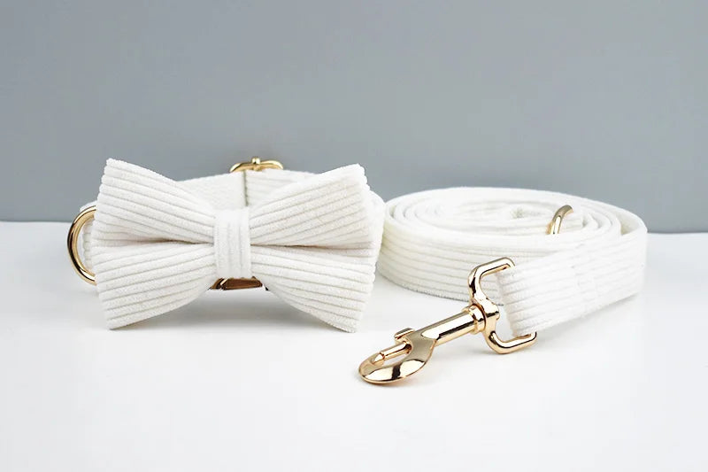 White Corduroy Pet Collar And Leash Set With Custom Engraved Nameplate