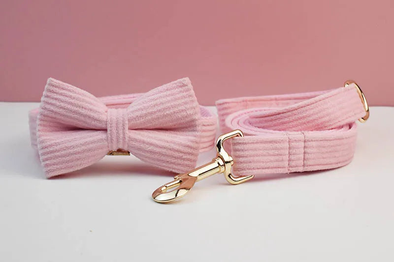 Pink Corduroy Pet Collar And Leash Set with Custom Engraved Nameplate