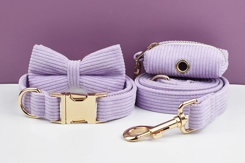 Purple Corduroy Pet Collar And Leash Set with Engraved Nameplate