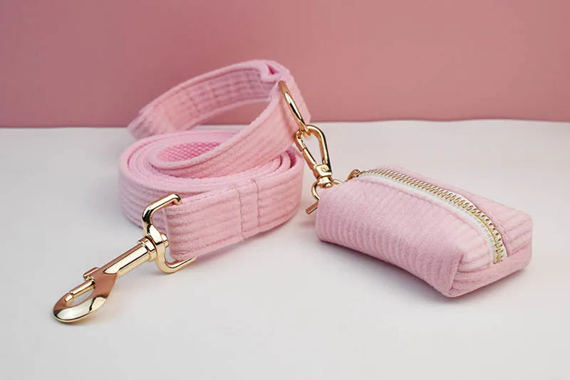 Pink Corduroy Pet Collar And Leash Set with Custom Engraved Nameplate