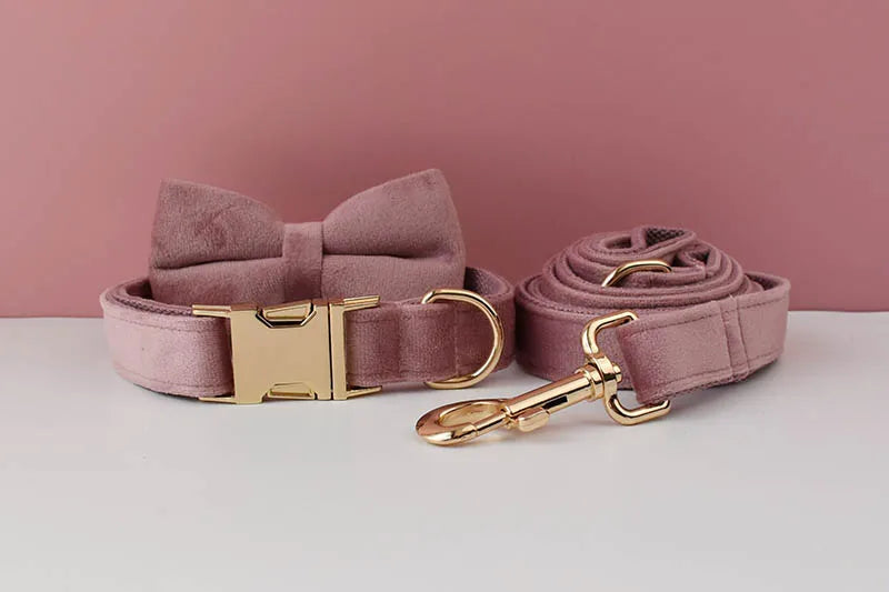 Purple Velvet Pet Collar And Leash Set With Custom Engraving