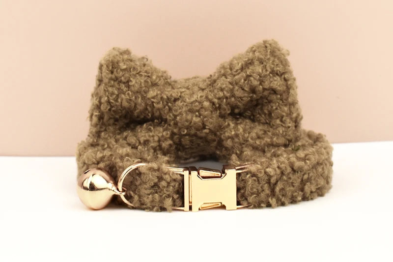 Teddy Fur Cat Collar With Bell Accessory - Custom Name Engraving