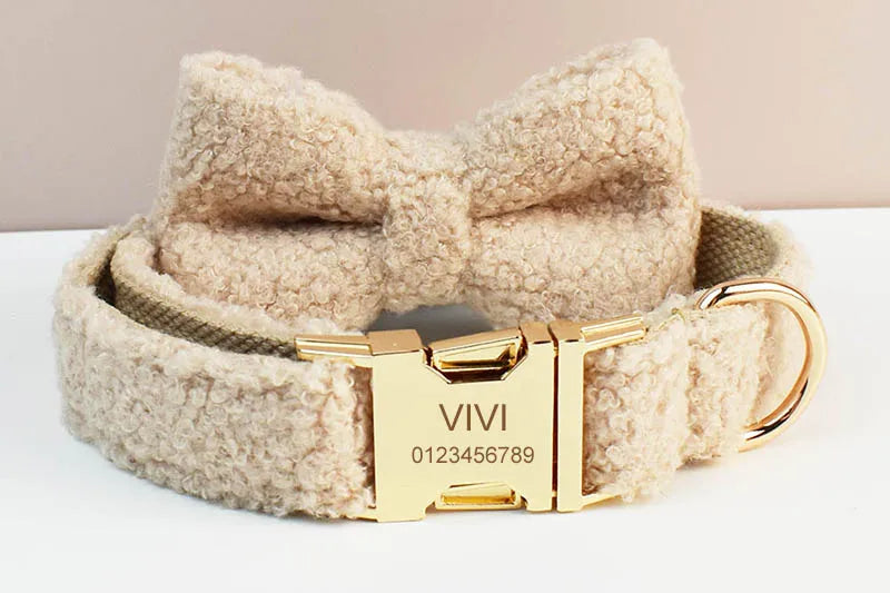 Cream Teddy Pet Collar And Leash Set With Custom Engraved Nameplate