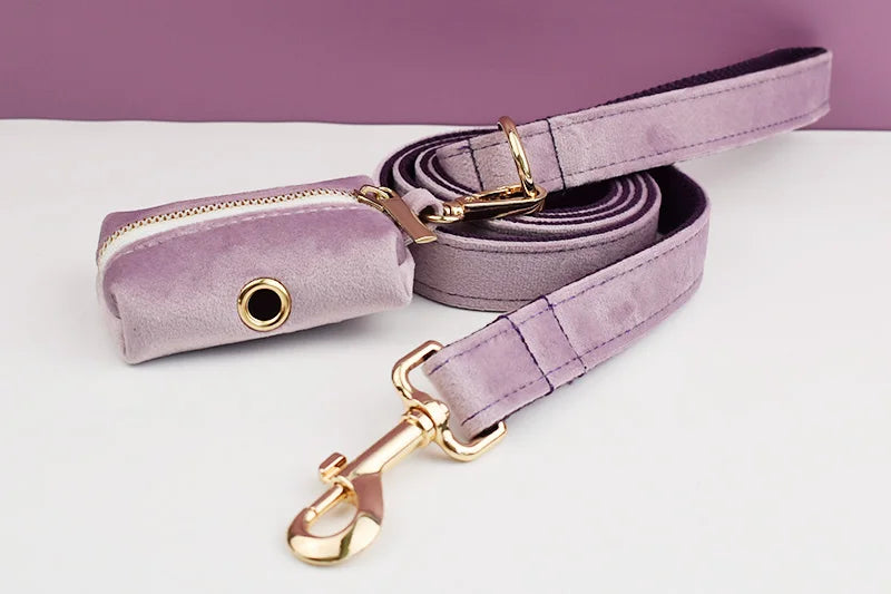 Light Purple Velvet Dog Collar And Leash Set - Custom Engraved Nameplate