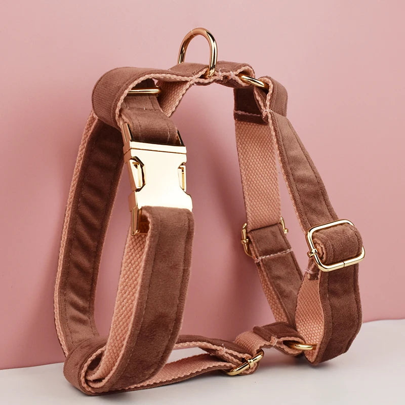 Dusty Pink Velvet Pet Collar And Leash Set with Nameplate