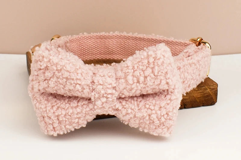 Baby Pink Plush Furry Winter Pet Harness Bowtie And Leash Sets