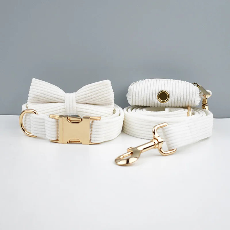 White Corduroy Pet Collar And Leash Set With Custom Engraved Nameplate