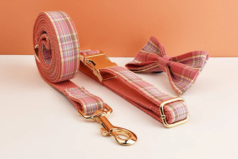 Plaid Pet Collar And Leash Set With Engraved Nameplate