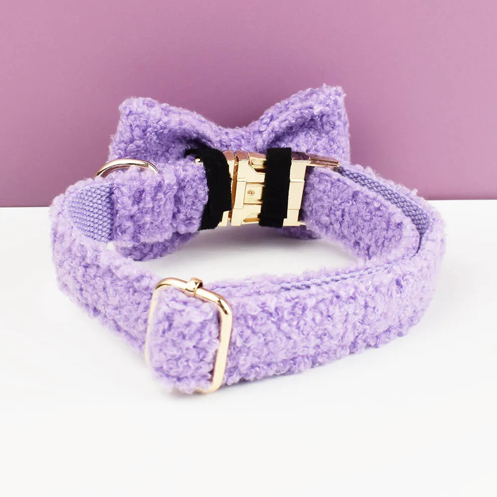 Purple Teddy Cotton Pet Collar And Leash Set with Engraved Nameplate