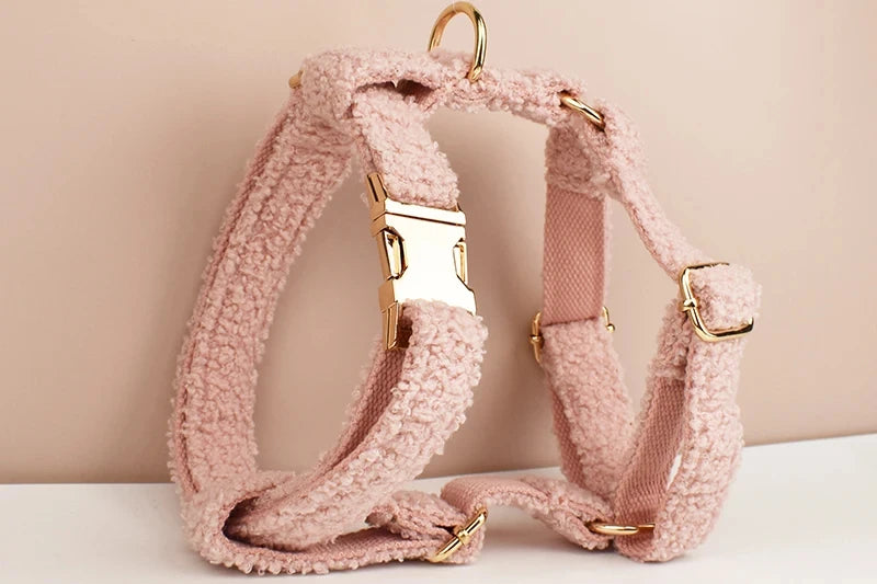 Baby Pink Plush Furry Winter Pet Harness Bowtie And Leash Sets