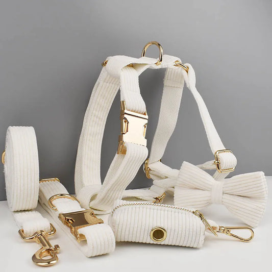 White Corduroy Pet Collar And Leash Set With Custom Engraved Nameplate