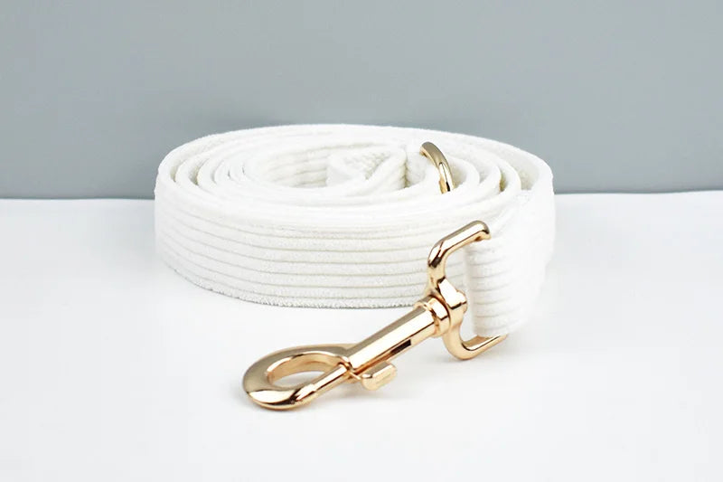 White Corduroy Pet Collar And Leash Set With Custom Engraved Nameplate