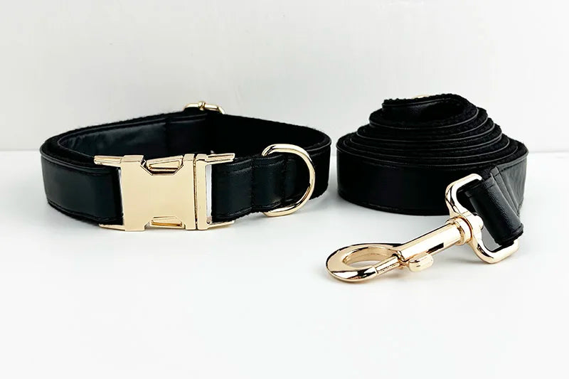 Black Leather Pet Collar And Leash Set With Custom Engraved Nameplate