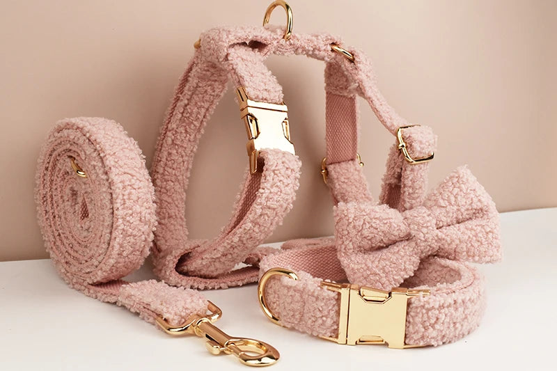 Pink Teddy Pet Collar Set With Custom Engraving