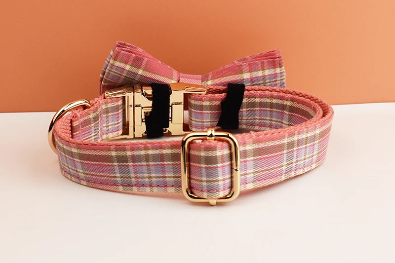 Plaid Pet Collar And Leash Set With Engraved Nameplate