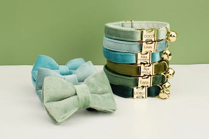 Velvet Collar For Cat With Bell & Bow Tie - Custom Engraving