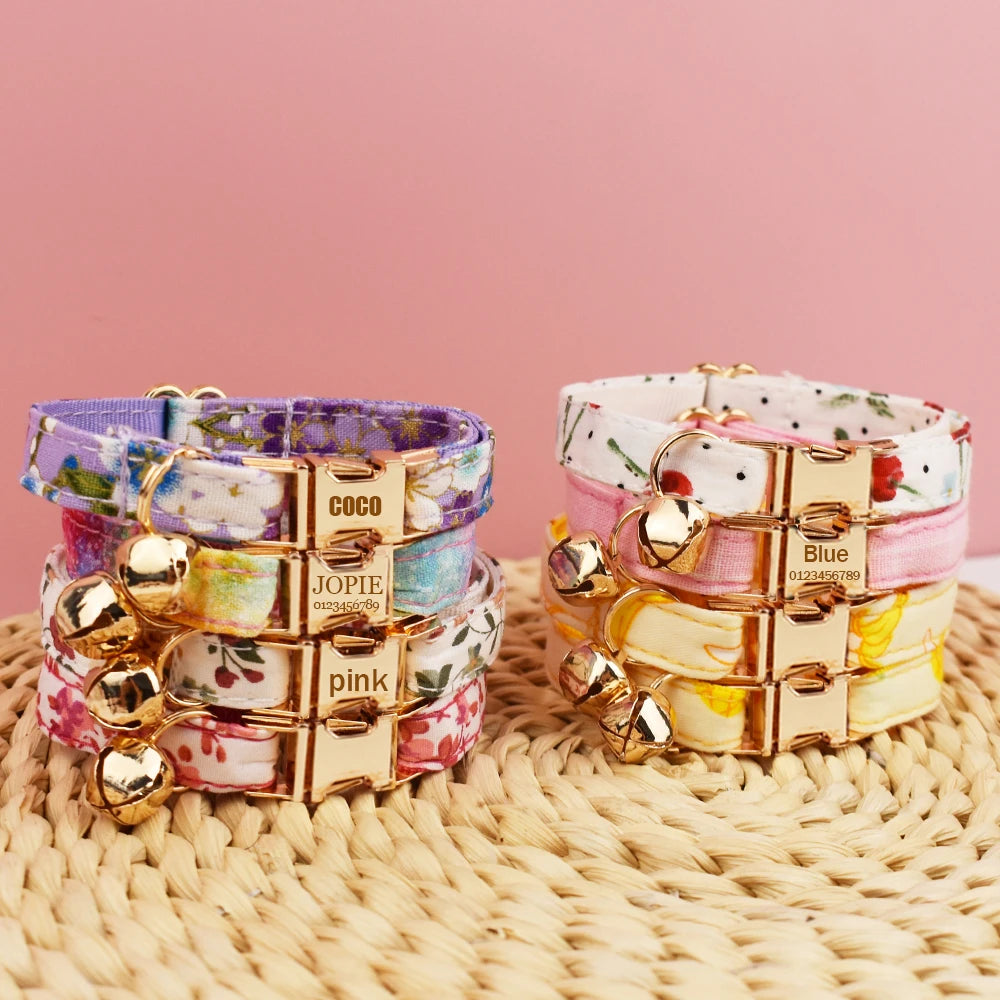 Cotton Cat Collar & Bow With Customized Name Engraving