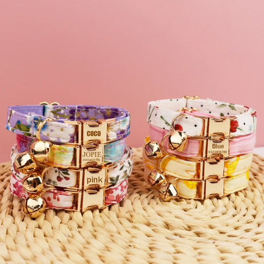 Cotton Cat Collar & Bow With Customized Name Engraving