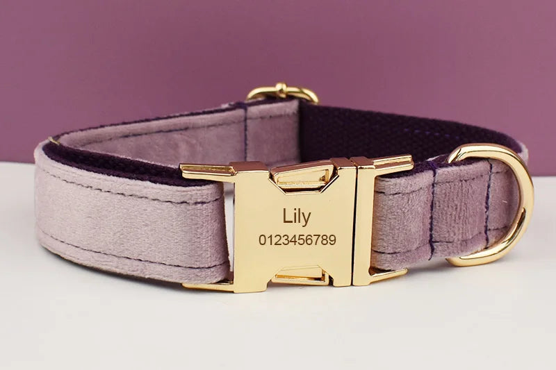 Light Purple Velvet Dog Collar And Leash Set - Custom Engraved Nameplate