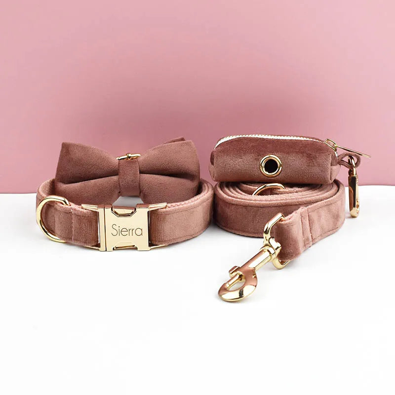Dusty Pink Velvet Pet Collar And Leash Set with Nameplate