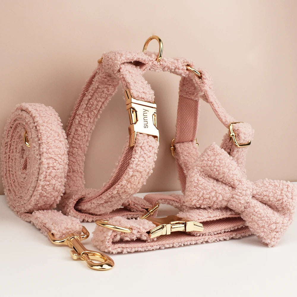 Pink Teddy Pet Collar Set With Custom Engraving