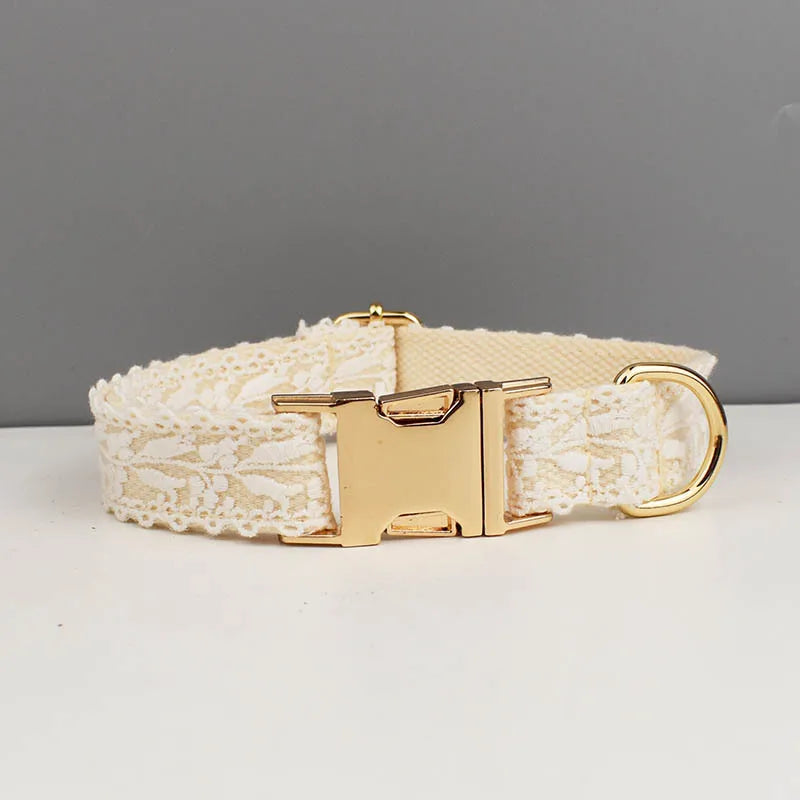 Beige Lace Personalized Fancy Wedding Pet Collar With Flower