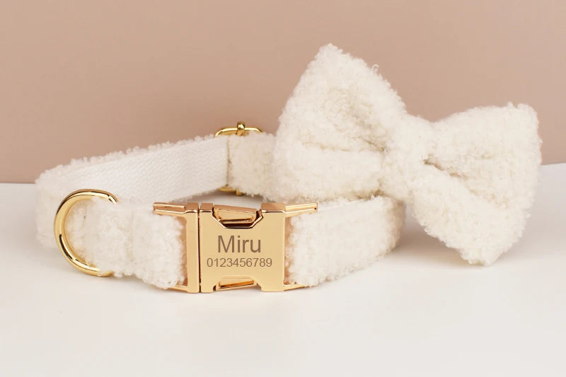 White Teddy Pet Collar & Harness Set With Custom Engraving