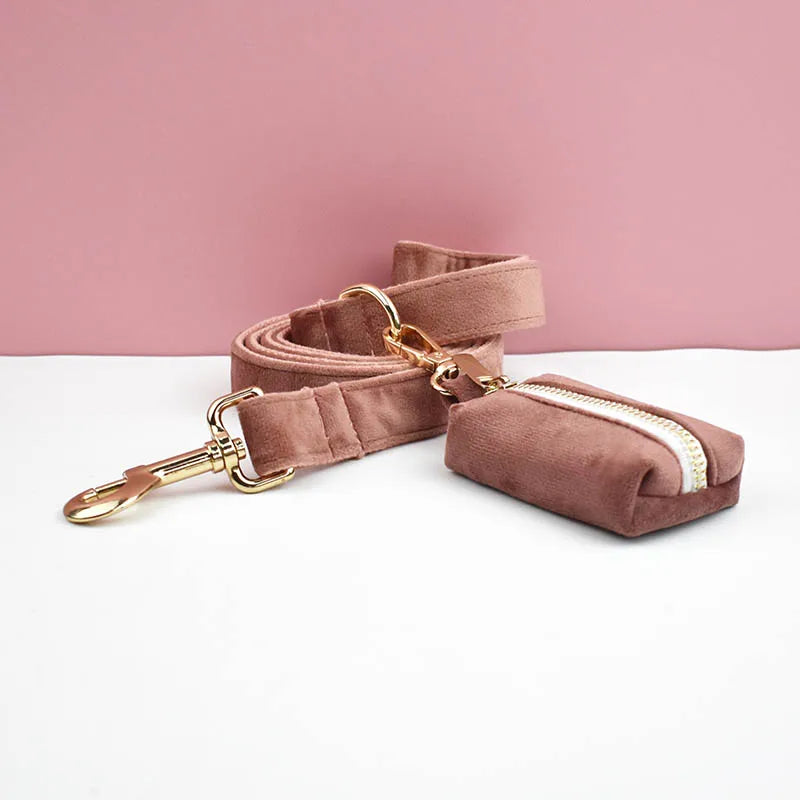 Dusty Pink Velvet Pet Collar And Leash Set with Nameplate