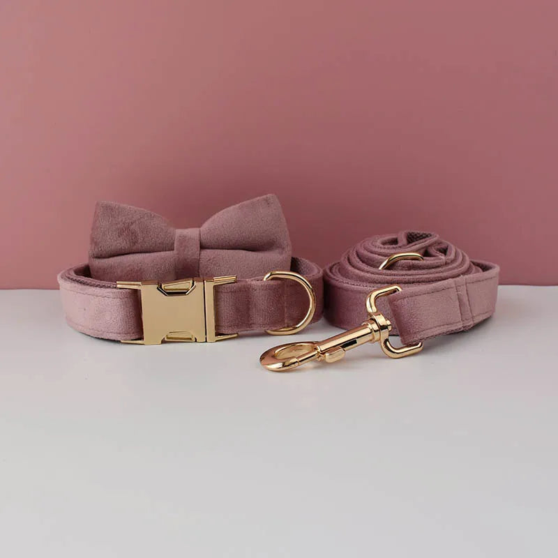 Purple Velvet Pet Collar And Leash Set With Custom Engraving