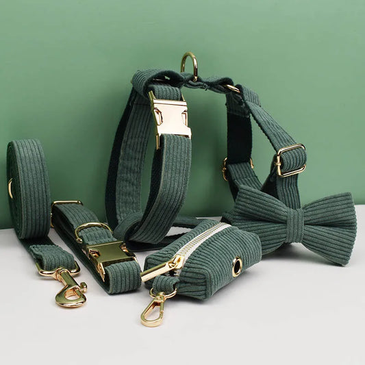 Dark Green Corduroy Pet Sets - Custom Engraved Nameplate