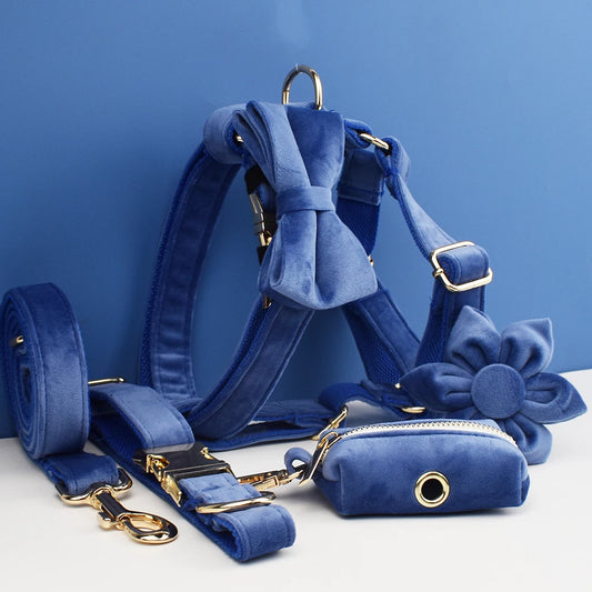 Navy Blue Velvet Dog Collar And Leash Set