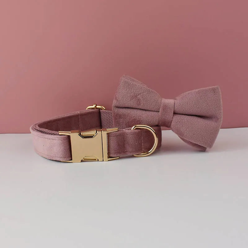Purple Velvet Pet Collar And Leash Set With Custom Engraving