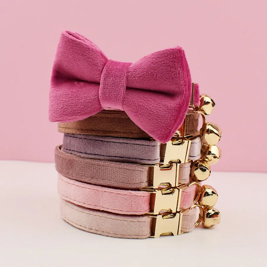 Velvet Cat Collar Bell & Bow Tie With Custom Engraving
