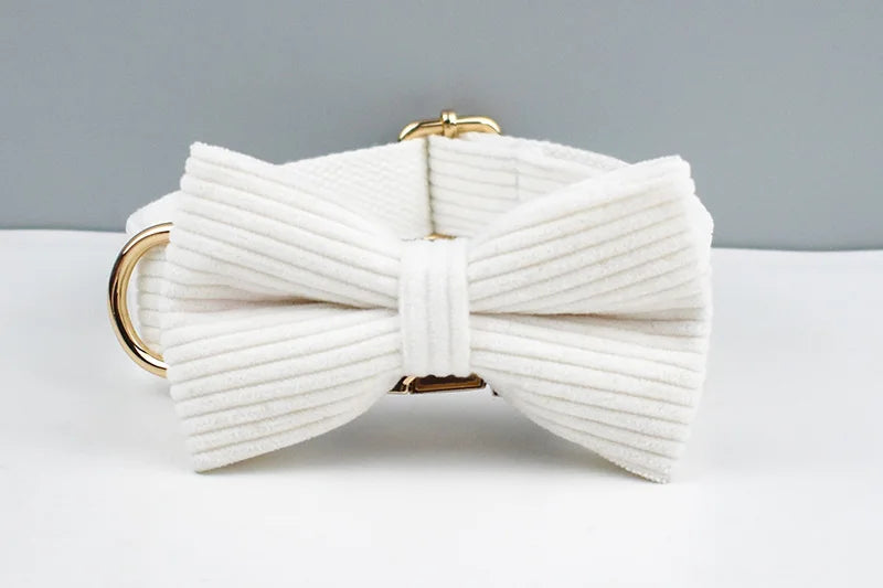White Corduroy Pet Collar And Leash Set With Custom Engraved Nameplate