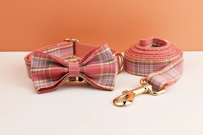 Plaid Pet Collar And Leash Set With Engraved Nameplate