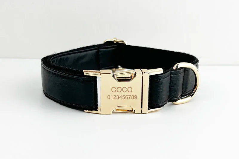 Black Leather Pet Collar And Leash Set With Custom Engraved Nameplate