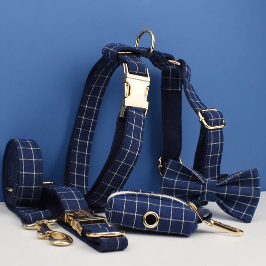 Dark Blue Check Pet Collar Set