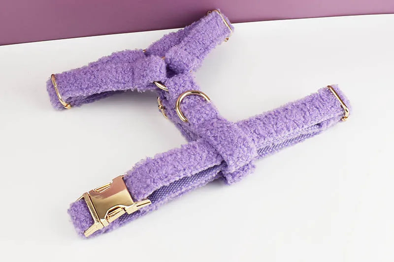 Purple Teddy Cotton Pet Collar And Leash Set with Engraved Nameplate