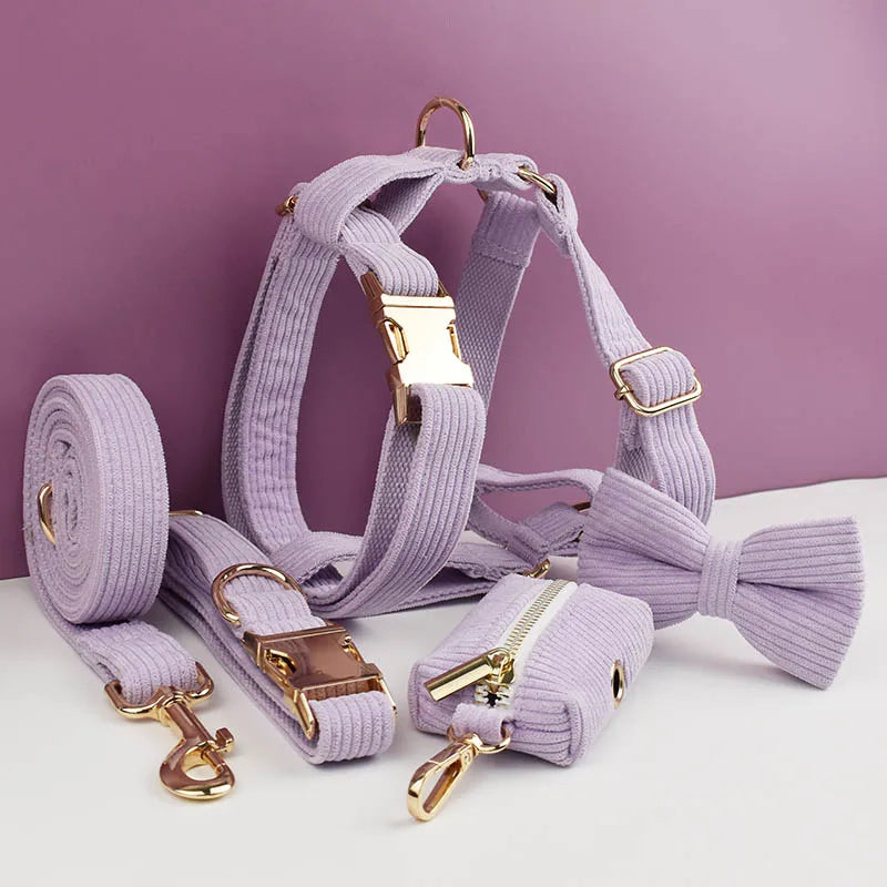Purple Corduroy Pet Collar And Leash Set with Engraved Nameplate